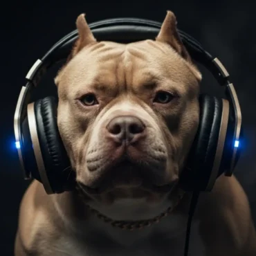A powerful American Bully dog, the mascot for Dilemaradio, wearing professional studio headphones with glowing blue lights against a dark background.