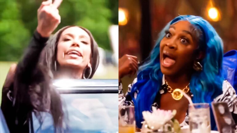 Erica Mena sticking her middle finger at Spice while chanting a racial slur before entering a car