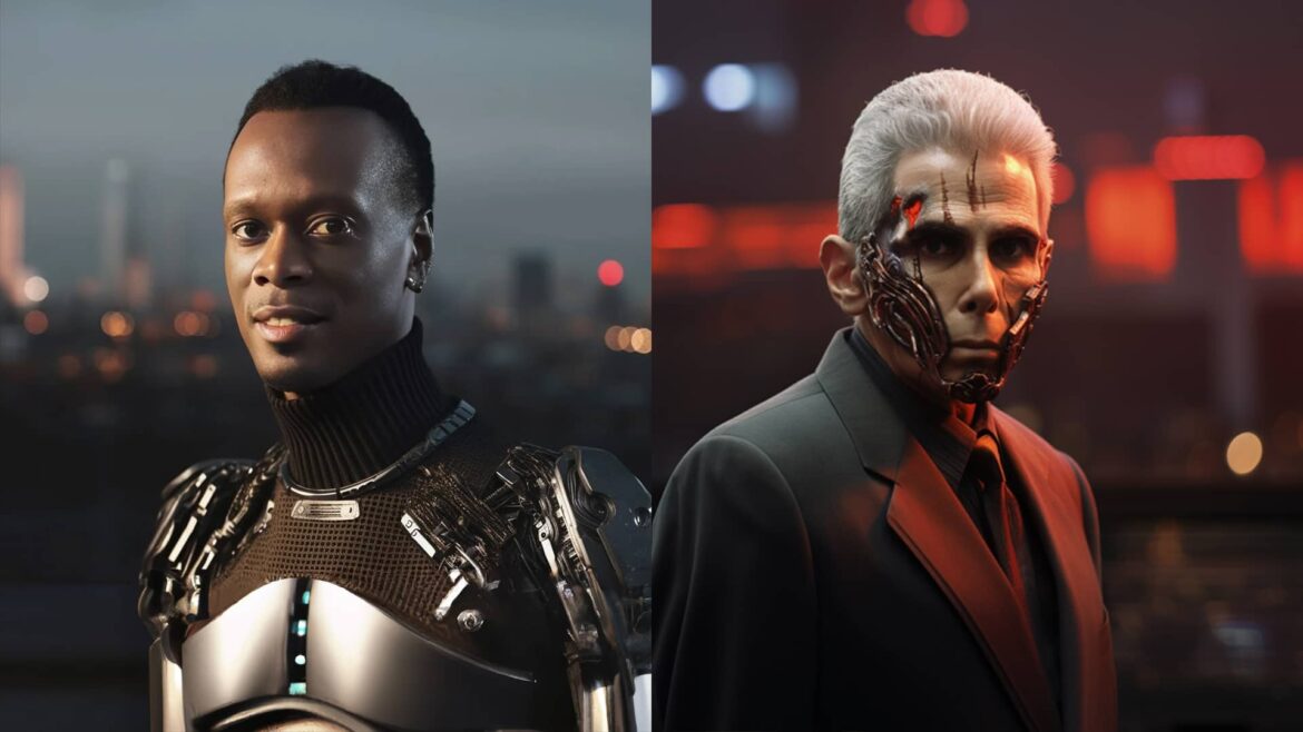 Artwork depicting Pras Michel and David Kenner as half-human, half-cyborg in a cyberpunk city, highlighting the role of Artificial Intelligence in their legal case.