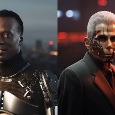 Artwork depicting Pras Michel and David Kenner as half-human, half-cyborg in a cyberpunk city, highlighting the role of Artificial Intelligence in their legal case.