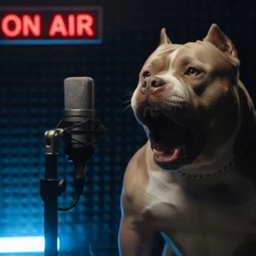 An American Bully dog barks intensely into a studio microphone inside a recording booth, with a glowing red "ON AIR" sign in the background and blue ambient light.