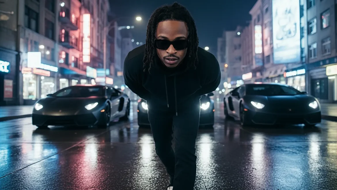 HNASTYBEATS on a city street at night with three Lamborghinis behind him.