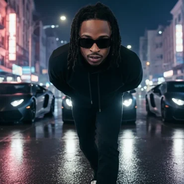 HNASTYBEATS on a city street at night with three Lamborghinis behind him.