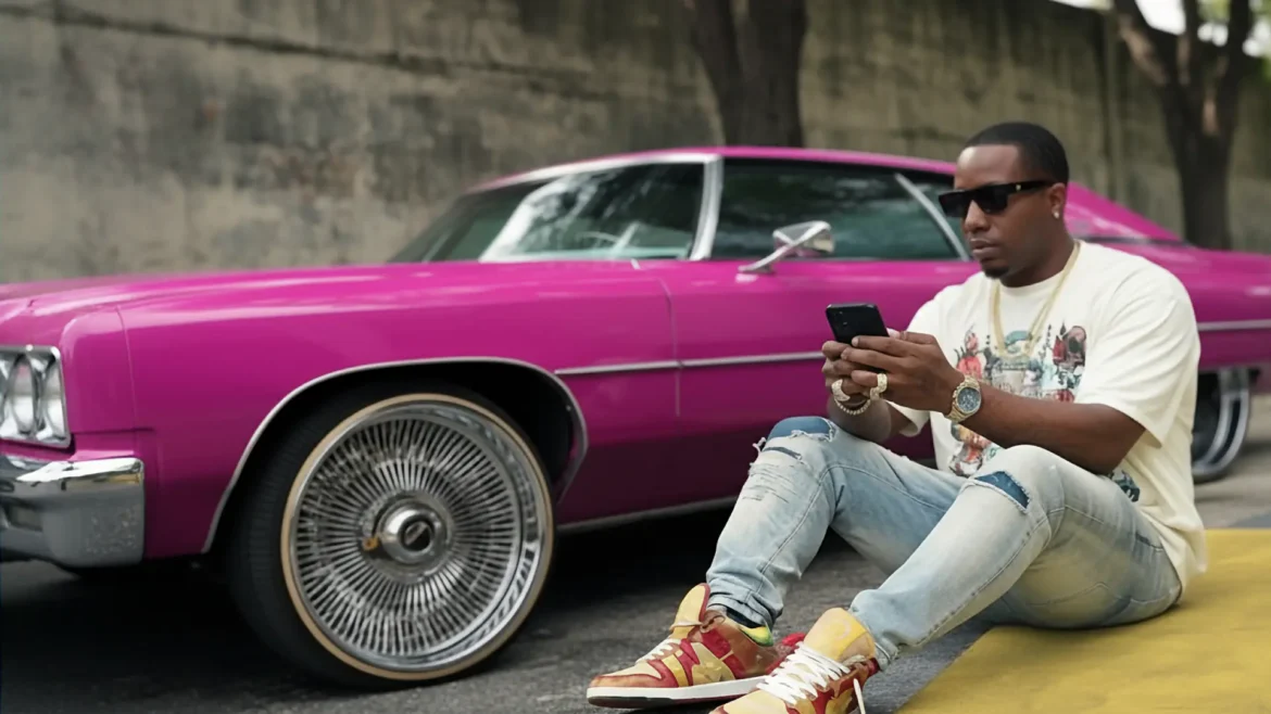C. City sits on the ground, leaning against a classic pink car with large wire-spoke rims, looking at his phone.