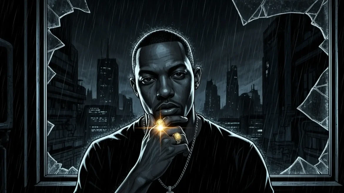 An illustrated portrait of a man looking directly at the viewer with a serious expression. He has one hand to his chin, showing a gold ring that gleams. Behind him is a dark, rainy cityscape seen through a shattered window.
