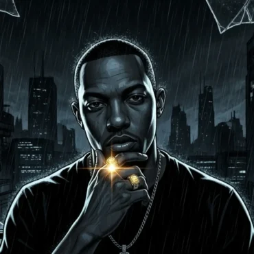 An illustrated portrait of a man looking directly at the viewer with a serious expression. He has one hand to his chin, showing a gold ring that gleams. Behind him is a dark, rainy cityscape seen through a shattered window.