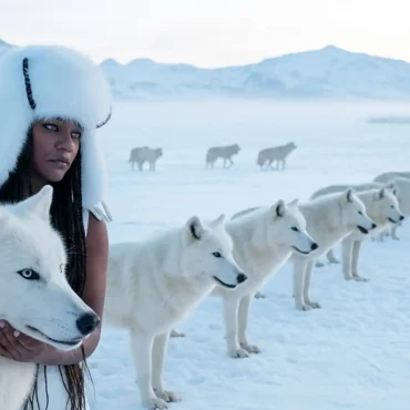 ChevyGurl standing in snow with white wolves under a cold sky.