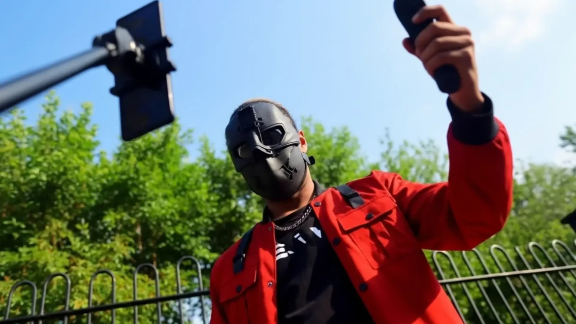 A person in a black hoodie and black face mask, partially lit by a red light against a dark background.