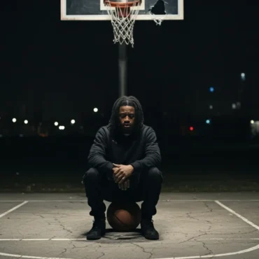 HNASTYBEATS sitting on a basketball on an empty court at night.