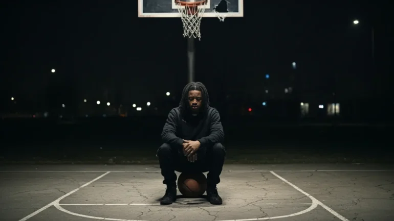 HNASTYBEATS sitting on a basketball on an empty court at night.
