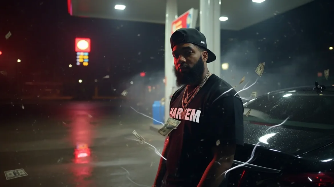 Nard standing at a gas station at night wearing a HARLEM shirt, chains, and cap, with money floating in the air.