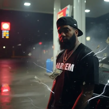 Nard standing at a gas station at night wearing a HARLEM shirt, chains, and cap, with money floating in the air.