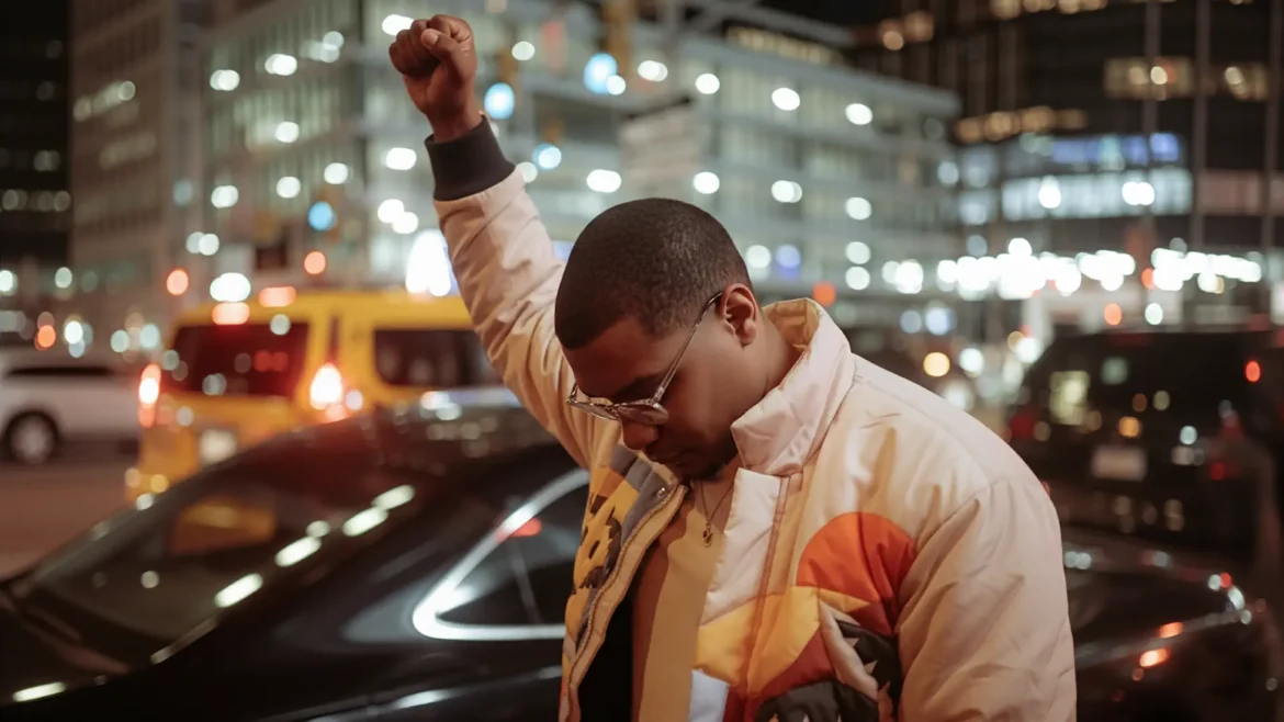 Lucas Writer stands on a city street at night, wearing a colorful jacket and glasses, with blurred car and building lights in the background.