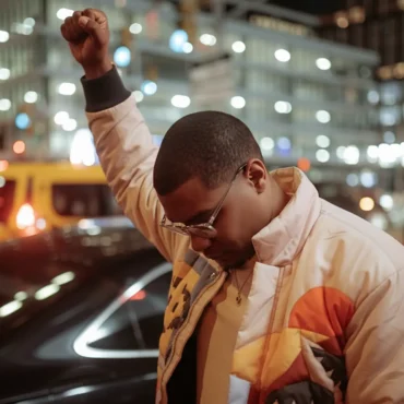 Lucas Writer stands on a city street at night, wearing a colorful jacket and glasses, with blurred car and building lights in the background.