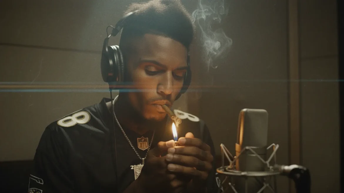 Rich Dunk recording in studio lighting a blunt.