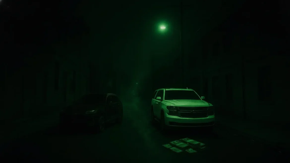 A dark, eerie street scene at night with a green hue from a single streetlight. Two cars are parked on either side of the road, and a stack of money sits on the ground in front of the white SUV.