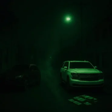 A dark, eerie street scene at night with a green hue from a single streetlight. Two cars are parked on either side of the road, and a stack of money sits on the ground in front of the white SUV.