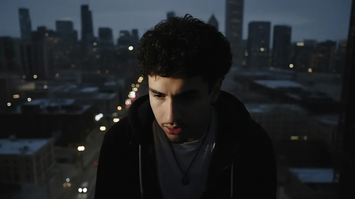 Yvng Bg looks down thoughtfully with the Chicago skyline out of focus behind him at dusk.