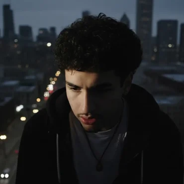Yvng Bg looks down thoughtfully with the Chicago skyline out of focus behind him at dusk.