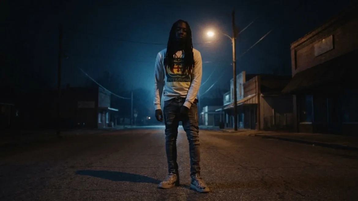 Foreign Izzy standing in a dark street at night under a street light.