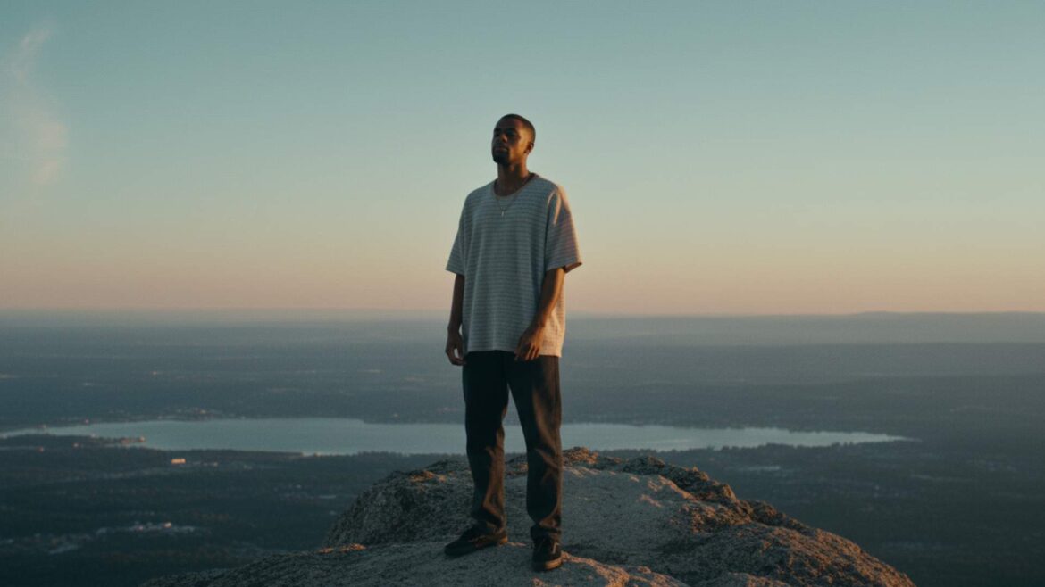 Kiran The Nomad standing on a mountain peak at sunset, looking over a valley.