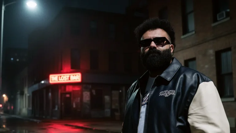 Sam Kays standing on a dark, wet city street at night, wearing a varsity jacket and sunglasses.