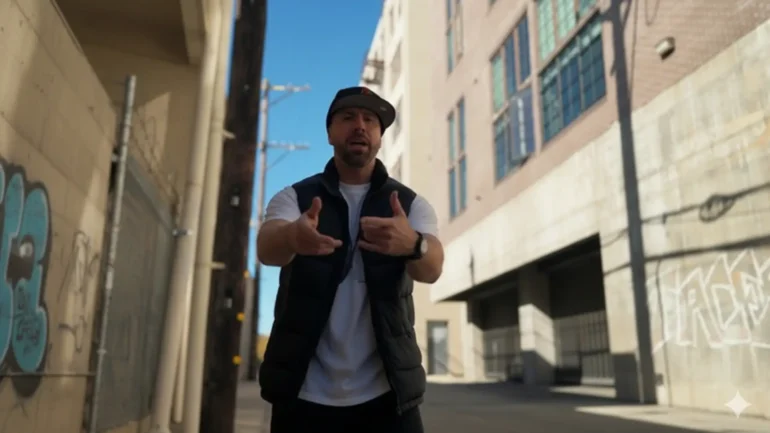 Tacer stands in an urban alleyway gesturing towards the camera, wearing a vest and a backward cap.
