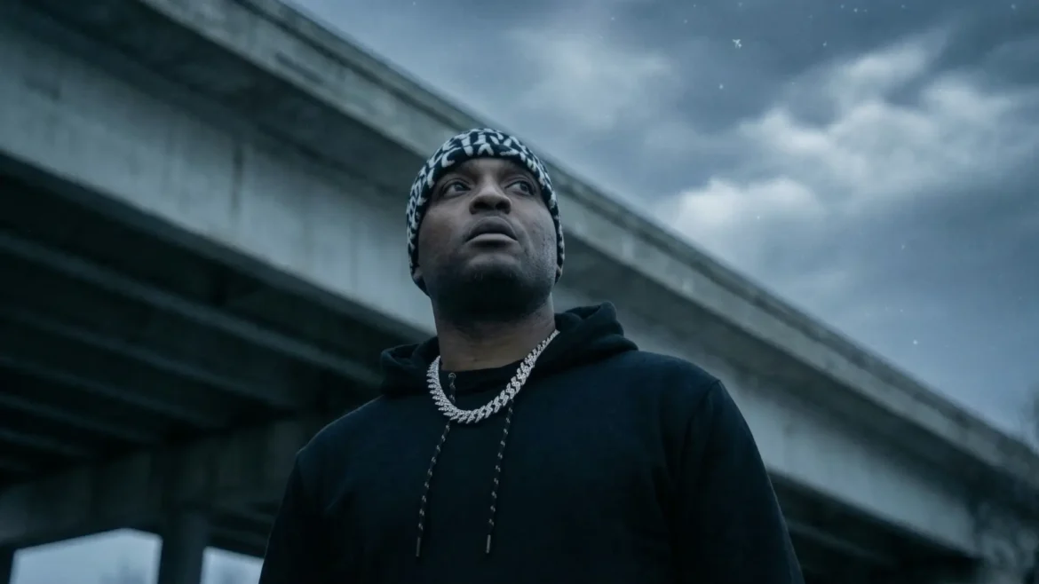 40 Glocc wearing a black hoodie and patterned beanie looking up while standing under a concrete overpass on a cloudy day.