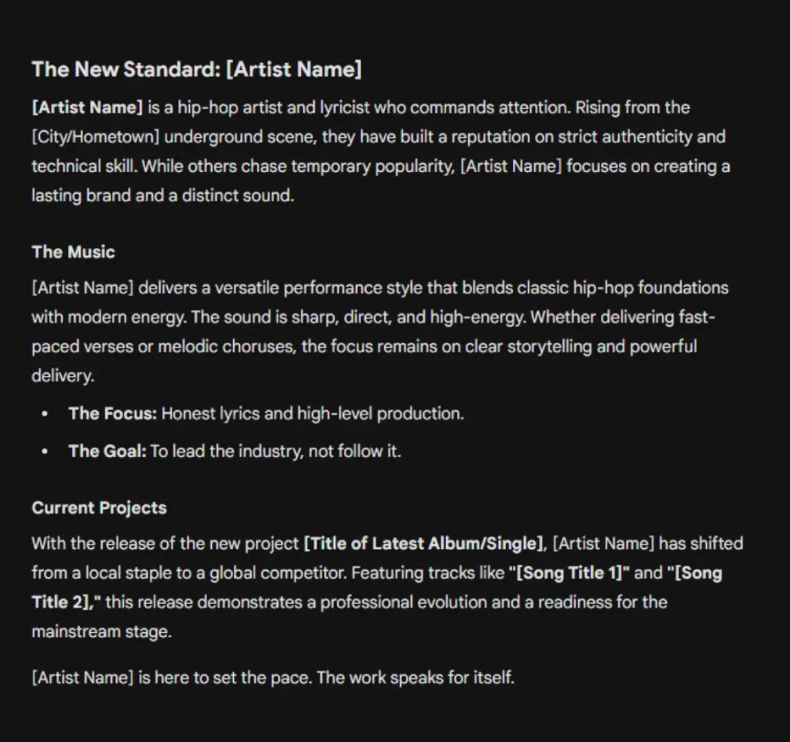 A screenshot of a text biography for a hip-hop artist generated by Gemini on a black background.