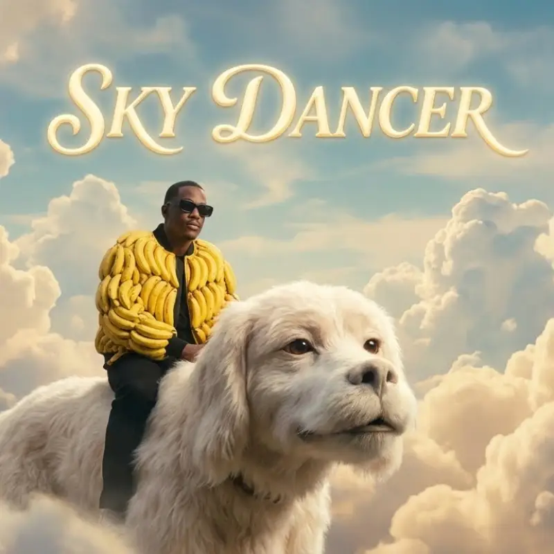 A cinematic AI-generated album cover showing a hip-hop artist in a banana jacket riding a giant white flying dog in the clouds with the text SKY DANCER.
