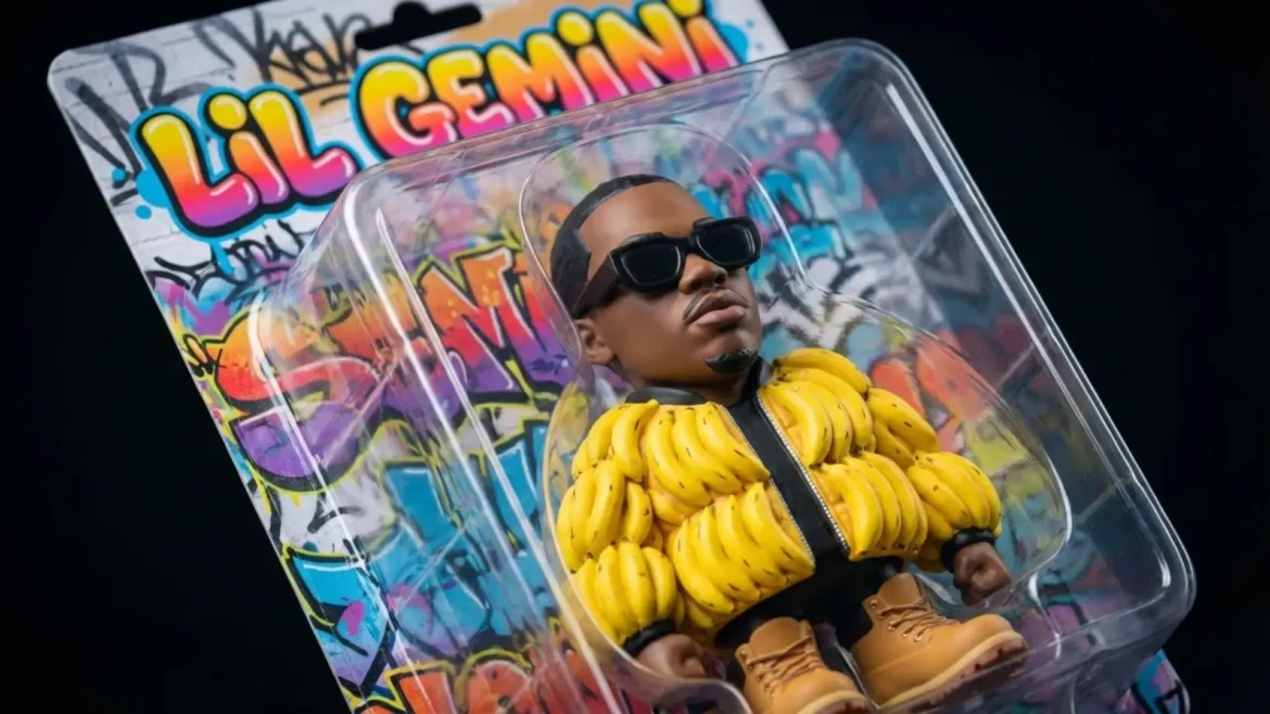 Close-up of a "Lil Gemini" vinyl toy figure of a rapper in a banana jacket inside plastic blister packaging with graffiti art background.