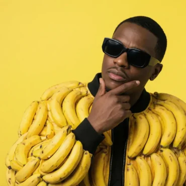 Black male hip hop artist wearing a bomber jacket made of yellow bananas thinking in front of a yellow background.