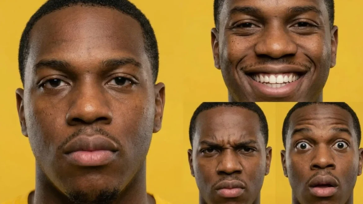 A 9-panel grid contact sheet of a Black hip hop artist wearing a banana-skin bomber jacket on a yellow background, demonstrating the AI digital cloning process.