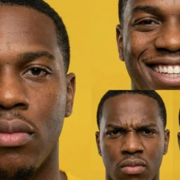 A 9-panel grid contact sheet of a Black hip hop artist wearing a banana-skin bomber jacket on a yellow background, demonstrating the AI digital cloning process.