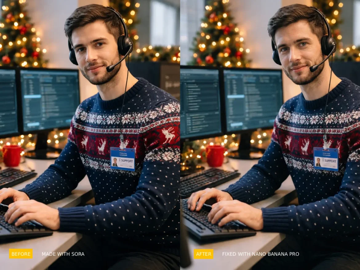 Comparison of a man in a christmas sweater. Left side looks fake and plastic. Right side looks like a real photo with skin pores.