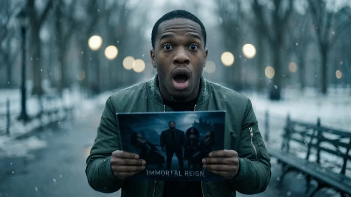 A surprised man in a green bomber jacket standing in a snowy park holding a fantasy-themed vinyl record titled Immortal Reign, illustrating the high-quality results when you create album covers with Nano Banana Pro.