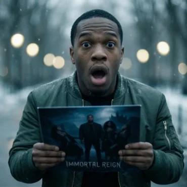A surprised man in a green bomber jacket standing in a snowy park holding a fantasy-themed vinyl record titled Immortal Reign, illustrating the high-quality results when you create album covers with Nano Banana Pro.