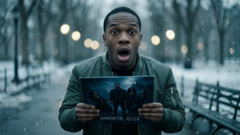 A surprised man in a green bomber jacket standing in a snowy park holding a fantasy-themed vinyl record titled Immortal Reign, illustrating the high-quality results when you create album covers with Nano Banana Pro.