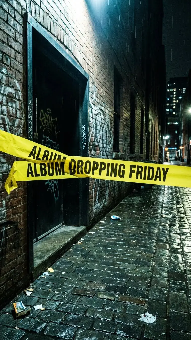 Professional Hip Hop flyer created with Nano Banana Pro featuring yellow caution tape reading 'ALBUM DROPPING FRIDAY' stretched across a dark brick alleyway. The image demonstrates the Container Method for accurate text rendering in a gritty Drill aesthetic with wet pavement reflections.