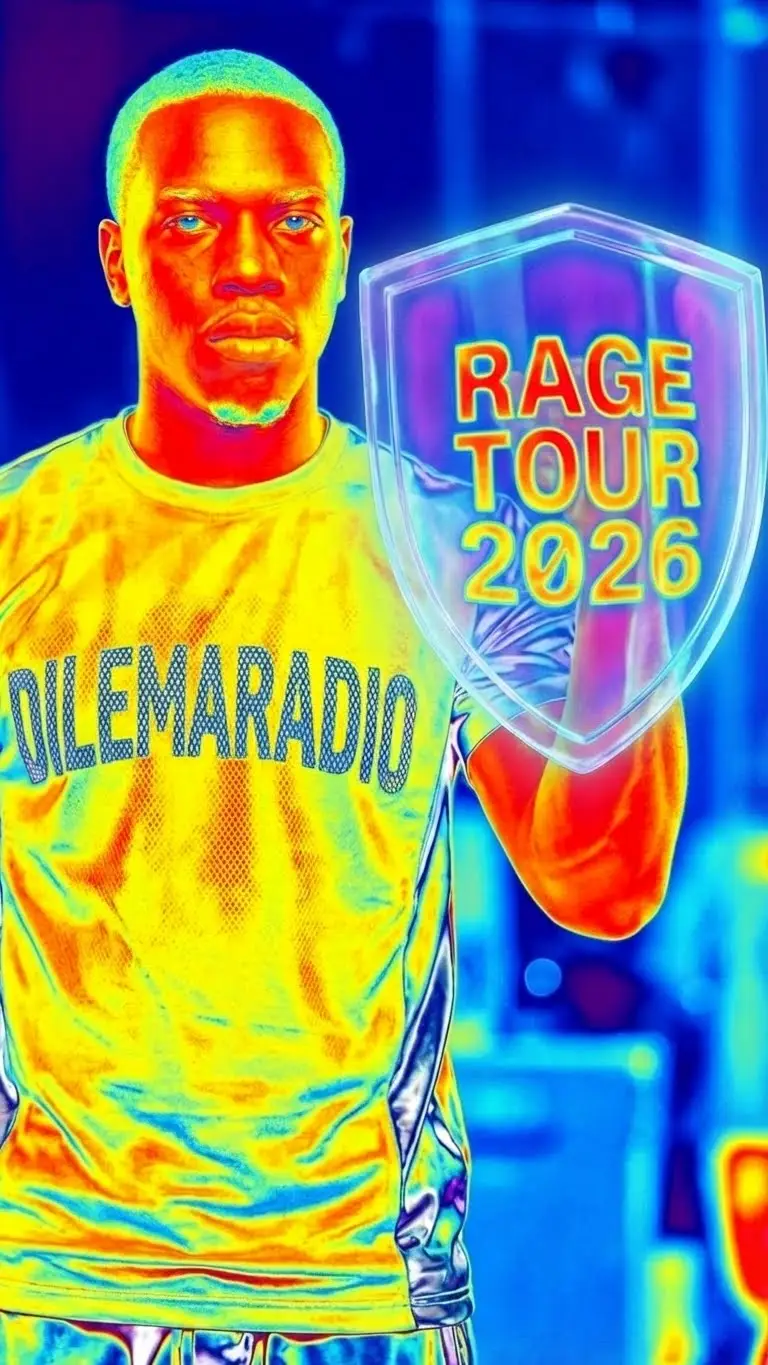 Trap music concert flyer created with Nano Banana Pro featuring a cyborg with a holographic shield reading 'RAGE TOUR 2025'. The image uses the "Dialect Method" with thermal vision, liquid chrome textures, and distorted mesh effects.