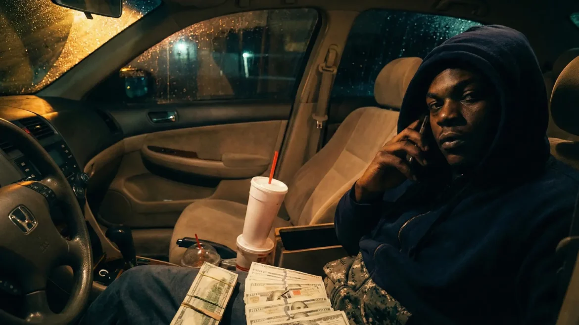 Amg Bubba sitting in a car counting a stack of cash holding a phone.