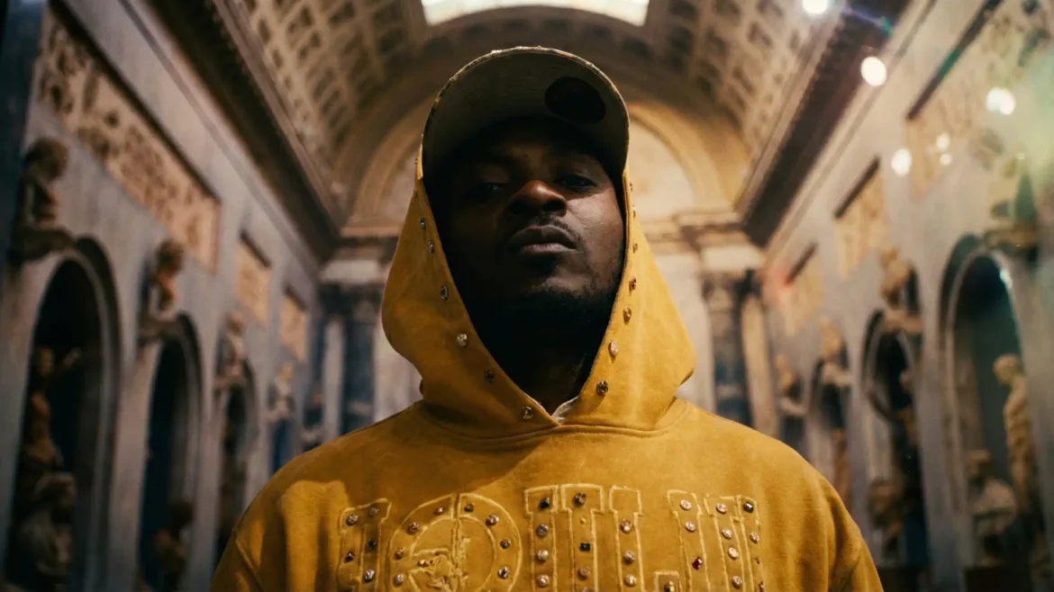 Cellz Grammz wearing a yellow studded hoodie standing in a building with high arches.