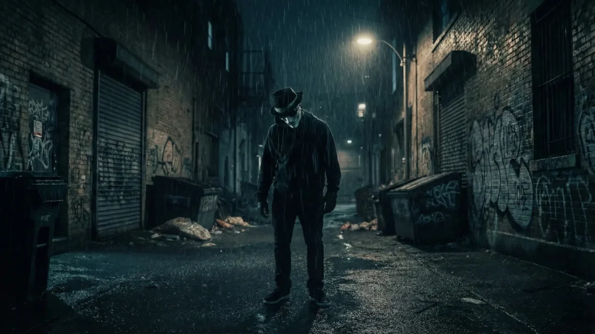 SHY.COMFY.DENSE. wearing a mask in a dark rainy alley.
