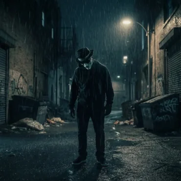 SHY.COMFY.DENSE. wearing a mask in a dark rainy alley.
