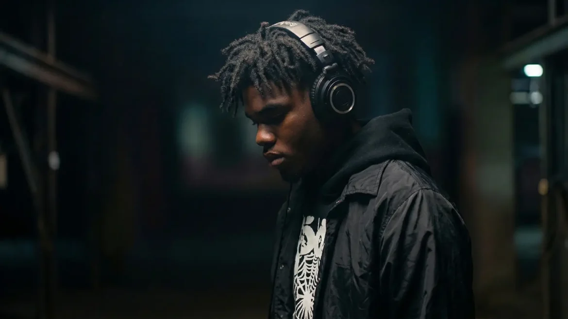 Hip hop artist 4ourDero wearing headphones in a dark industrial setting.