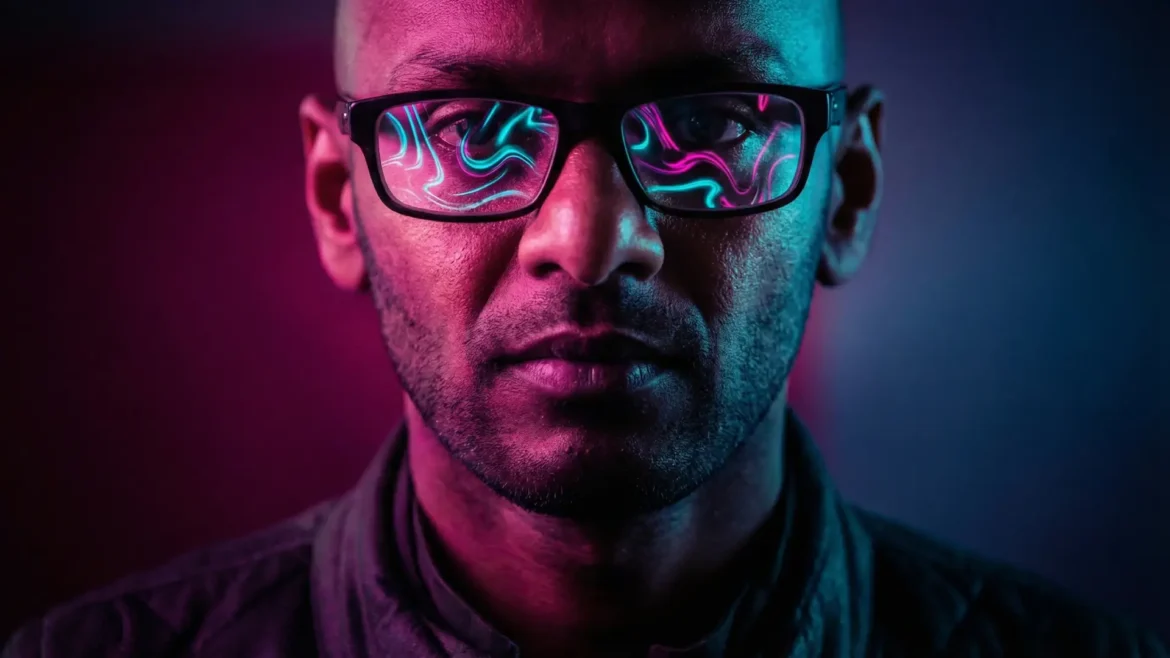 Close-up of Ahmen wearing black glasses with abstract neon swirls reflected in the lenses, set against a dark background with purple and teal lighting.