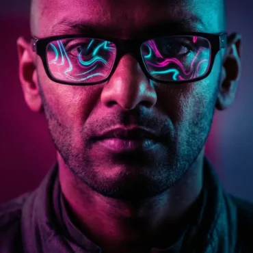 Close-up of Ahmen wearing black glasses with abstract neon swirls reflected in the lenses, set against a dark background with purple and teal lighting.