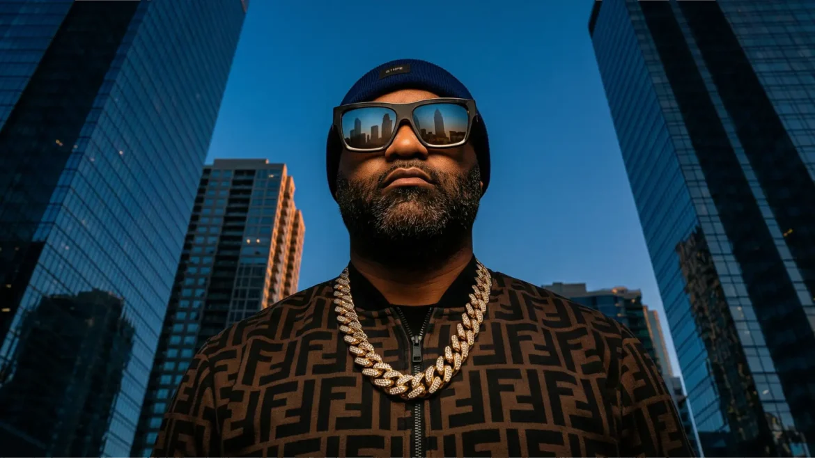 Amir Beats wearing sunglasses and Fendi jacket against blue sky and skyscrapers.