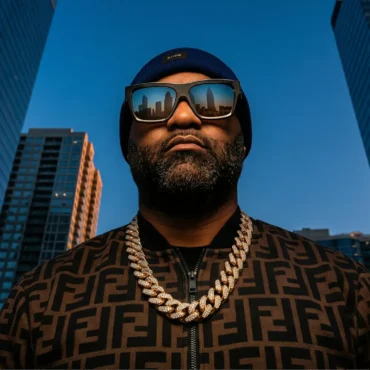 Amir Beats wearing sunglasses and Fendi jacket against blue sky and skyscrapers.