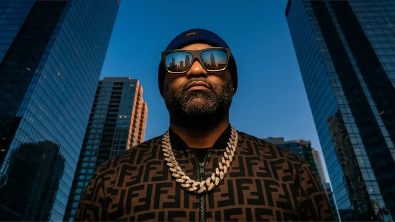 Amir Beats wearing sunglasses and Fendi jacket against blue sky and skyscrapers.